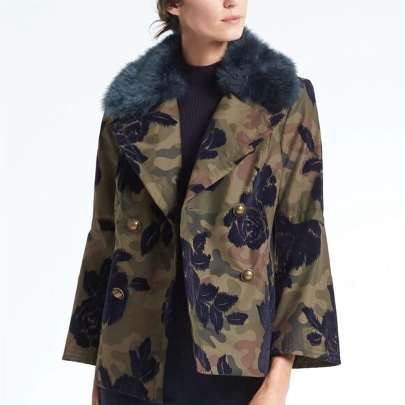 NWT Banana Republic Peacoat Jacket Olive Camo Navy Faux Fur Collar Size XSP New - Picture 6 of 16